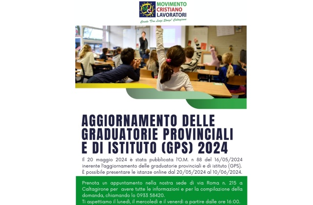 Attivo il servizio per la compilazione delle istanze di aggiornamento delle Graduatorie Provinciali e di Istituto/GPS